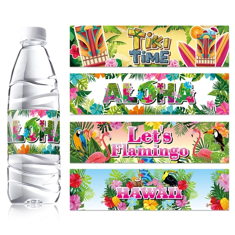Hawaiian Summer Party Water Bottle Label Stickers Tropical Aloha Tiki Flamingo Paper Adhesive Beverage Drink Wraps Decorations
