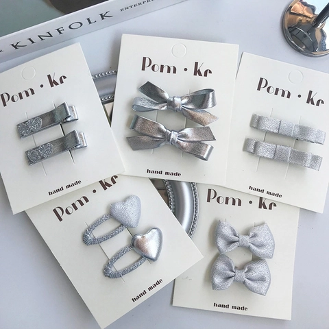Silver Bow Hair Clips Faux Leather Heart Glitter Fashion Hairpins Duckbill Side Clips Handmade Sweet For Kids Girls
