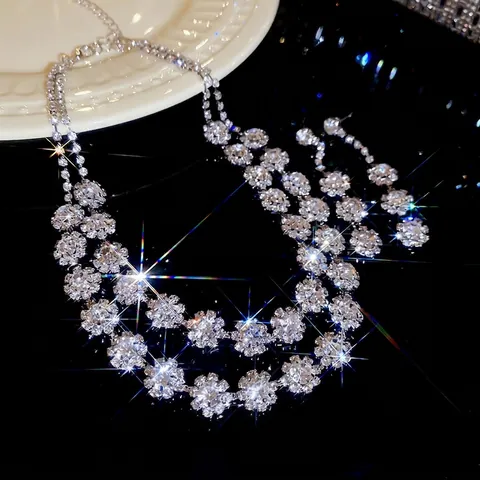 Double Layer Floral Necklace And Earrings With 925 Sterling Silver Earring Post Rhinestone Copper Jewelry For Women Wedding