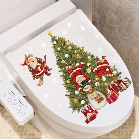 Autocollants De Toilette De Noël PVC Amovibles Père Noël Bonhomme De Neige Décalcomanies Salle De Bain Décoration De Maison
