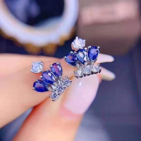 Crown Stud Earrings Copper With Sapphire Blue Pear Shape Zircon Rhinestone Royal Elegant Jewelry Gift For Women