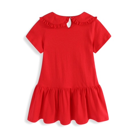 Girls Short Sleeve Red Dress Cotton Fairy Embroidery Princess Dress With Mesh Peter Pan Collar Kids Summer Casual Clothes