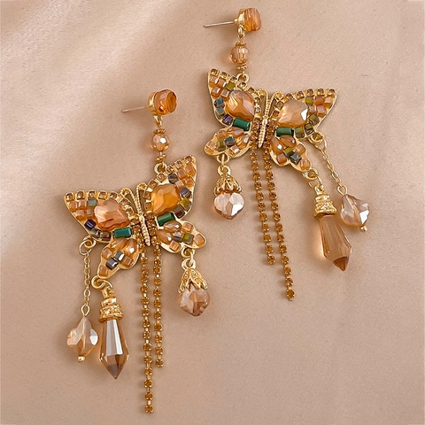 Butterfly Tassel Earrings With 925 Sterling Silver Earring Post Alloy Multicolor Rhinestone Crystal Retro Long Fringe