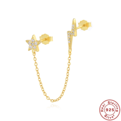 Asymmetric Star And Lightning Chain Stud Earrings Made Of 925 Sterling Silver With Zircon Inlay Fashion Jewelry For Women