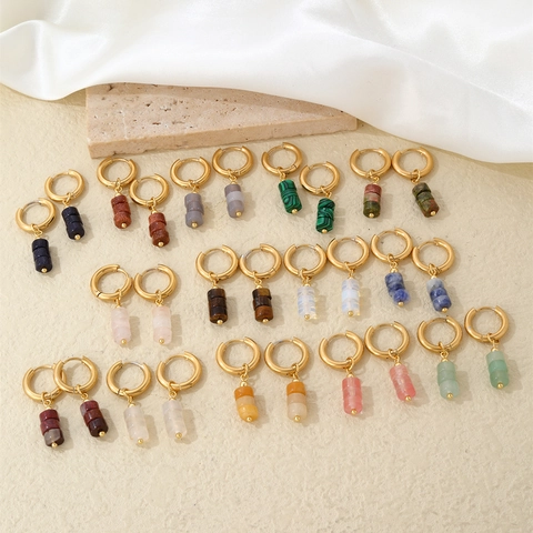 Stainless Steel Hoop Earrings With Natural Stone Cylindrical Pendant Copper Earring Post Elegant Niche Jewelry For Women