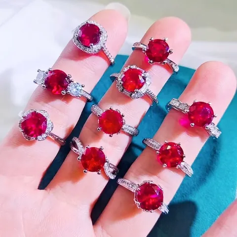 Simulated Ruby Blue Sapphire Gemstone Ring With Cubic Zirconia Accents Adjustable Silver Color Band Fashion Jewelry For Women