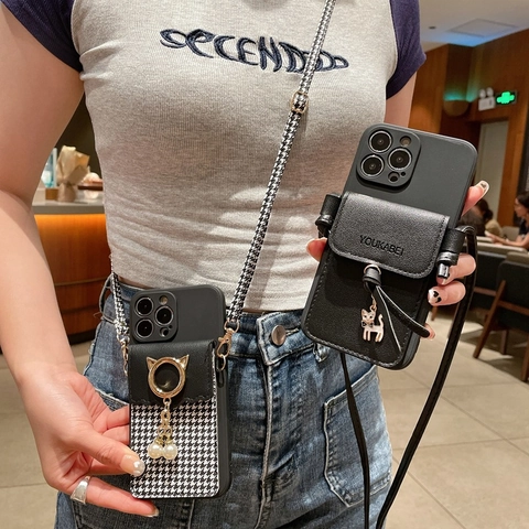 Fashion TPU PU Leather Phone Case With Houndstooth Card Bag Cat Pendant Crossbody Strap Compatible With iPhone 11 To 16 Pro Max