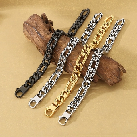 Pulsera De Cadena Cubana Grabada Retro Para Hombre De Acero Inoxidable Patrón Tribal Gótico Joyería Con Cierre De Langosta