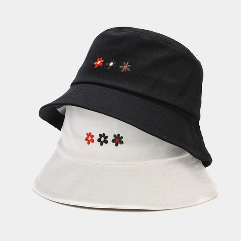Women Bucket Hat Cotton Canvas Sun Protection Flower Embroidery Minimalist Outdoor Travel Sun Hat