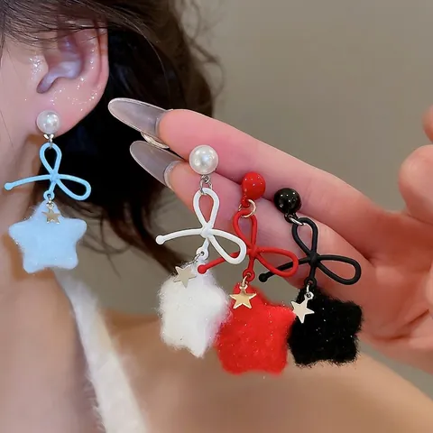 Star Bowknot Stud Earrings With Plush Flocking Star Imitation Artificial Pearl And 925 Sterling Silver Earring Post For Women