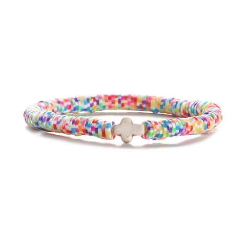 Bohemian Colorful Polymer Clay Heishi Beads Elastic Bracelet With Cross Charm Fashion Jewelry For Men Women