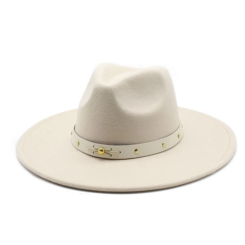 Retro Wide Brim Fedora Hat Vintage Wool Felt Jazz Cap With Studded Leather Band And Gold Rivets For Women Men