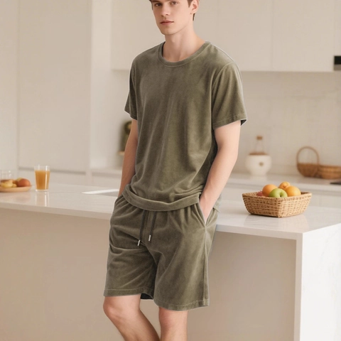Heren T-Shirt Ronde Hals Korte Mouw En Shorts Met Trekkoord Fluwelen Textuur Casual Zomer Loungewear