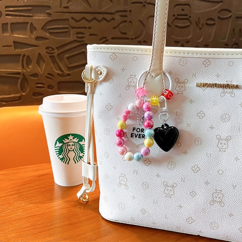 Cute Heart Colorful Beaded Keychain Acrylic Macaron Color Letter Bag Pendant Charm For Ever Heart Keyring For Women Girls Gift