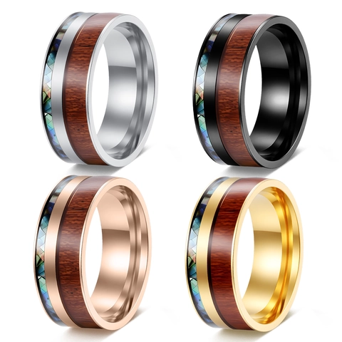 Stainless Steel Ring With Acacia Wood And Abalone Shell Inlay Natural Style Fashion Jewelry For Men And Women