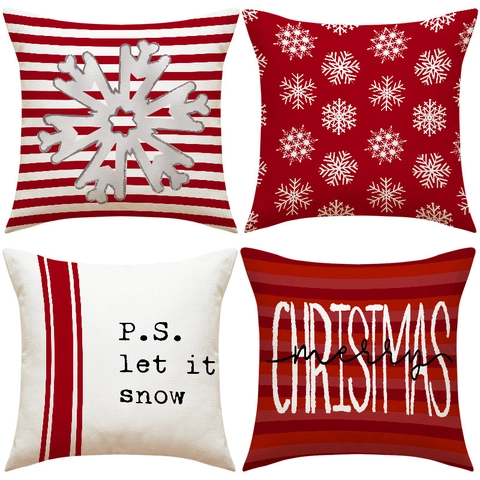 Taie D'oreiller Flocon De Neige De Noël Lin Imprimé Rayures Housse De Coussin Décoration Canapé Maison Fête Rouge Blanc