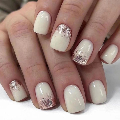 French Style Milky White Glitter Ombre Press On Nails Short Square Round Glossy Sweet False Nails For Women