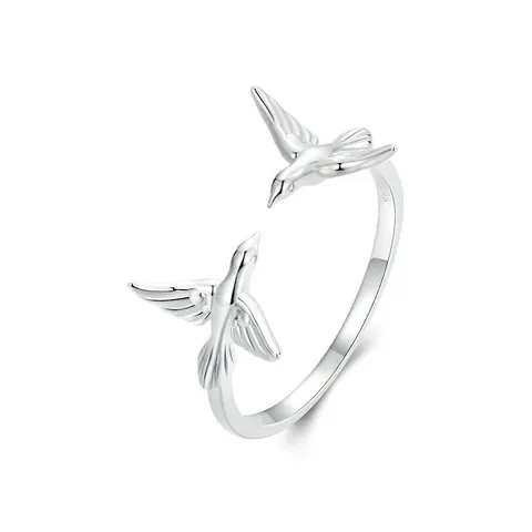 S925 Sterling Silber Fliegender Vogel Offener Ring Für Frauen Verstellbarer Zwillingsschwalbe Tierfingerring Weißgold Plattiert Minimalistischer Schmuck Geschenk