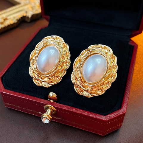 Boucles D'oreilles Puces Künstliche Perles Ovales Avec Tige En Argent 925 Bijoux En Alliage Plaqué Or Vintage Français Pour Femmes