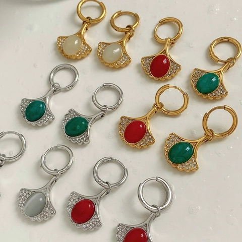 Stainless Steel Zircon Inlaid Fan Pendant Hoop Earrings Women Retro Geometric Gingko Leaf Elegant Jewelry Accessory