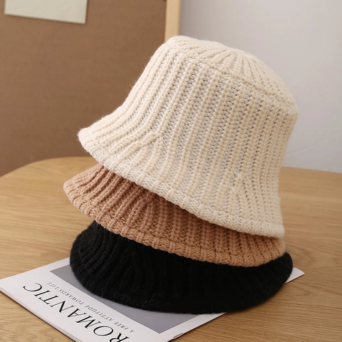Women Knitted Bucket Hat Acrylic Yarn Ribbed Texture Autumn Winter Warm Windproof Solid Color Fisherman Basin Cap