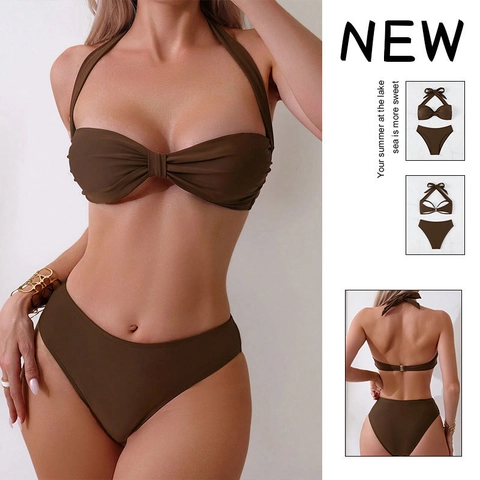 Top Y Parte Inferior De Bikini Halter Para Mujer Nudo Delantero Talle Alto Traje De Baño Color Solido Marron Poliester