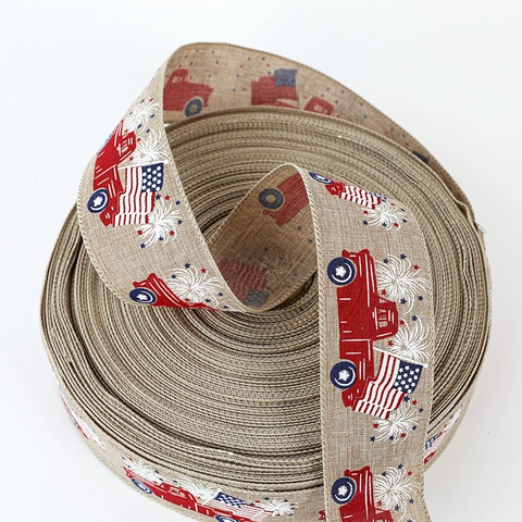 Patriotic Decorative Ribbon Faux Linen Stars Stripes USA Print Independence Day Christmas DIY Craft Gift Wrap Decoration