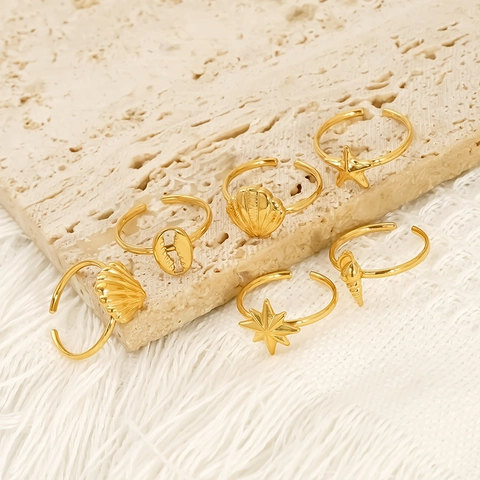 Ocean Shell Starfish Conch 18K Gold Plated 304 Stainless Steel Adjustable Open Rings For Women Waterproof Hypoallergenic