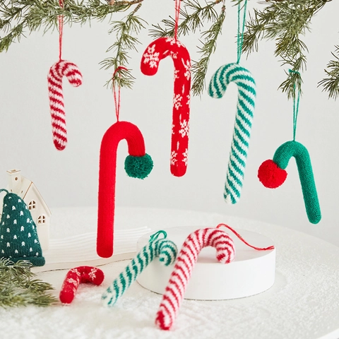 Christmas Candy Cane Hanging Ornaments Knitted Yarn Crochet Striped Snowflake For Xmas Tree Home Party Festive Decoration