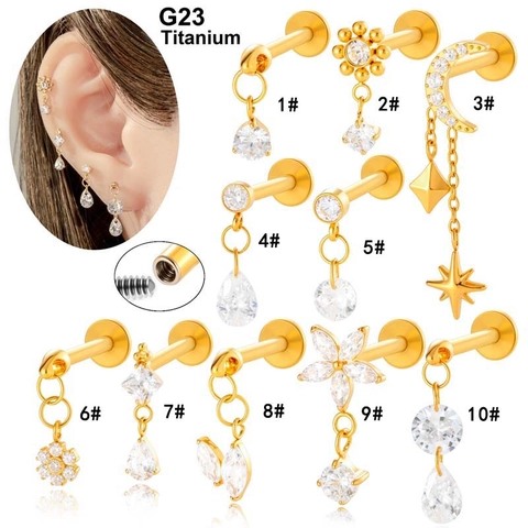 G23 Titanium Lip Studs Piercing Jewelry Internal Thread Zircon Dangle Moon Star Flower Cartilage Earrings