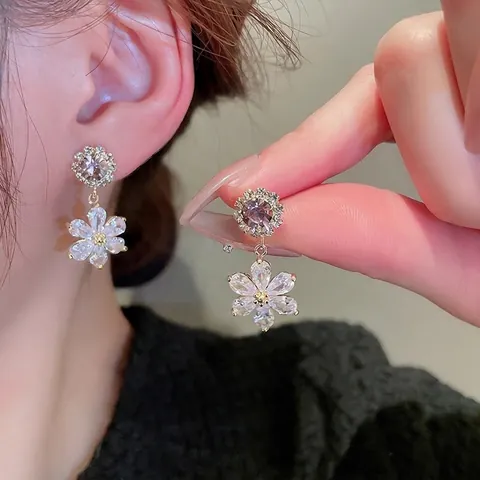 Flower Dangle Earrings Purple Zircon Elegant Gold Plated With Silver Earring Post For Women Fashion Accessory