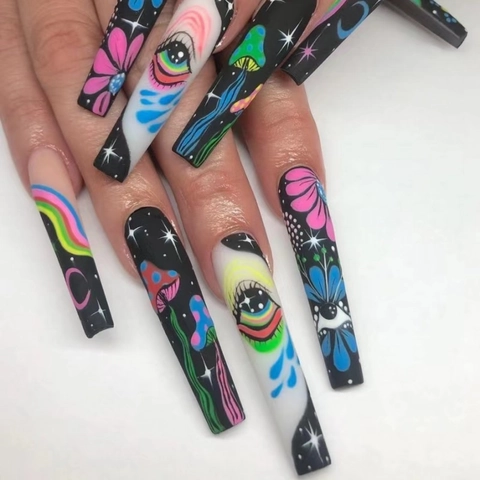 Uñas Postizas Largas De Ataúd Psicodélicas Ojo De Arcoiris Champiñón Uñas Postizas Estilo Surrealista Colorido Para Mujeres
