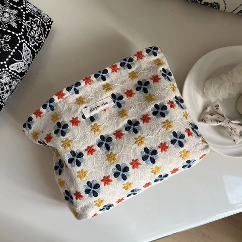 Neceser De Lona Bordada Patrón Floral Mariposa Retro Cartera Con Cremallera Bolsa De Almacenamiento Viaje Para Mujeres