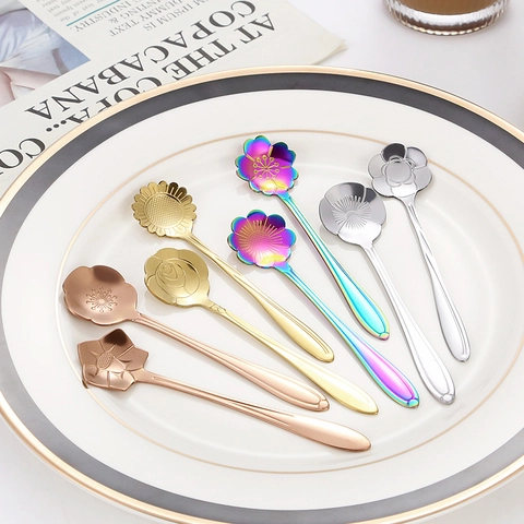 Cucchiaini Da Caffè In Acciaio Inox A Forma Di Fiore Lucidatura A Specchio Cucchiai Per Dessert E Tè Arcobaleno Oro