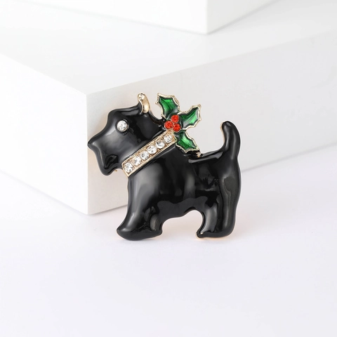 Spilla Cane Terrier Lega Smalto Colletto Strass Natale Agrifoglio Festivo Spilla Da Risvolto Gioielli Moda Donna