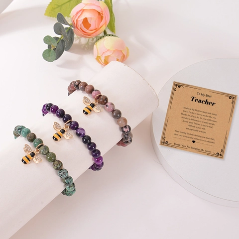 Naturstein Perlenarmband Mit Emaille Biene Anhänger Legierung Zirkon Lehrer Anerkennung Abschluss Geschenk Elastischer Schmuck