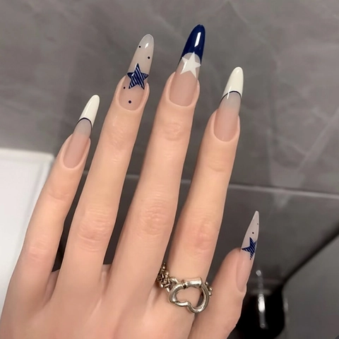 Uñas Postizas Con Punta Francesa Azul Patrón Estrellas Retro Forma Almendra Larga Plástico ABS Para Mujeres Elegante