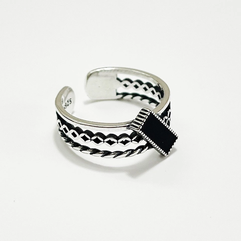 925 Sterling Silver Ring Vintage Black Enamel Rectangular Adjustable Open Multi Layer Texture Retro Minimalist Jewelry