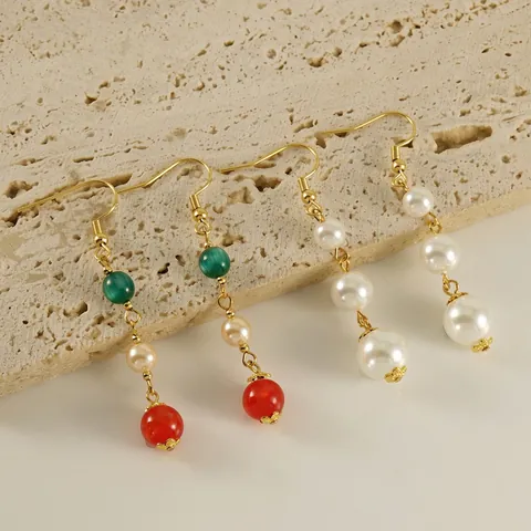 Orecchini Pendenti Placcati Oro Acciaio Inossidabile Künstliche Perle Sintetiche Graduate Agata Perline Vintage Elegante Gancio Donna