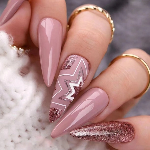 Unghie Finte Lunghe Stiletto Rosa Mauve Lucido Glitter Motivo Stella Bianca Unghie Artificiali Per Donne Manicure Plastica ABS