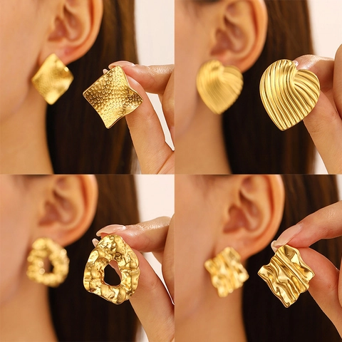 Irregular Geometric Textured Stud Earrings Stainless Steel Vintage Ruffled Hammered Round Square Heart Jewelry Women