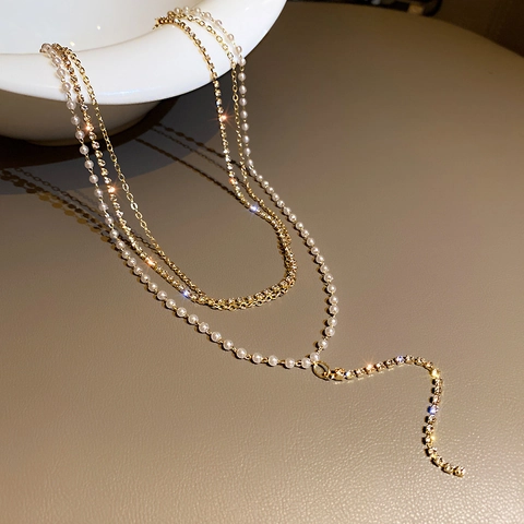 Mode Mehrlagige Halskette Für Damen Mit Legierung Rhinestone Und Kunstperle Y-Förmige Quaste Lange Kette Eleganter Schmuck