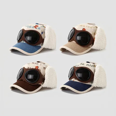 Kids Winter Baseball Cap Aviator Goggles Trapper Hat Corduroy Fleece Earmuffs Windproof Dinosaur Bear Print Hip-hop Warm