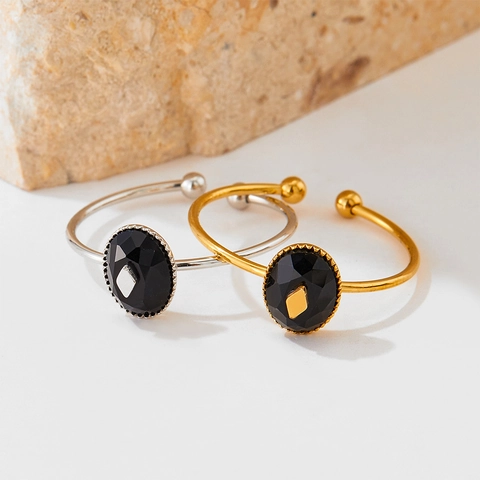Vintage Open Ring And Cuff Bracelet Stainless Steel Faceted Faux Black Onyx Japanese Style Elegant Jewelry For Women