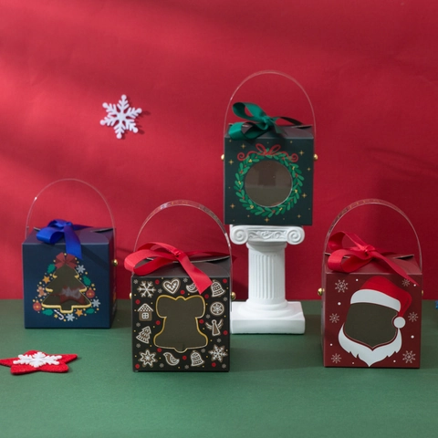 Scatola Regalo Di Natale Carta Confezione Caramelle Portatile Con Manico Nastro Finestra Festa Festiva