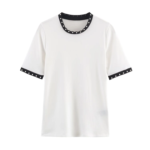 T-Shirt Da Donna A Maniche Corte Con Bordo In Künstliche Perle Sintetiche Girocollo Colore A Contrasto Maglia Casual Top Streetwear