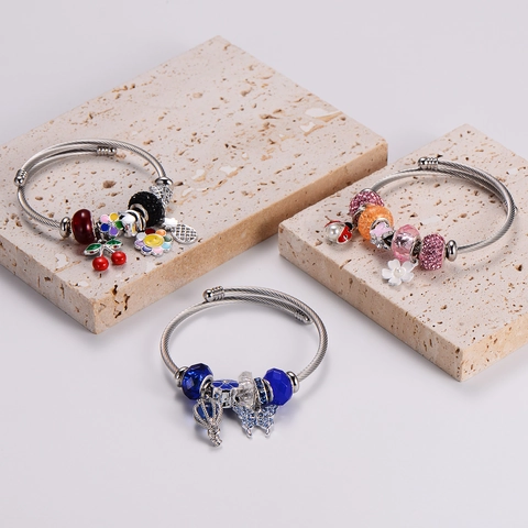 Stainless Steel Charm Bracelet Twisted Cable Open Cuff With Mermaid Enamel Pendant Crystal Faux Artificial Pearl For Women