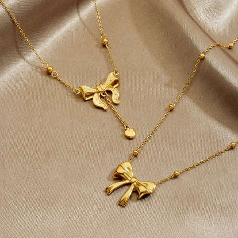 Collana Con Pendente A Fiocco In Acciaio Inossidabile Con Cuore E Künstliche Perle Gioielli Eleganti Da Donna Quotidiano