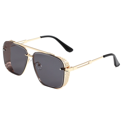 Lunettes de Soleil Steampunk pour Hommes Femmes Monture Métal Verres PC Rétro Industriel Carré Double Pont avec Écrans Latéraux