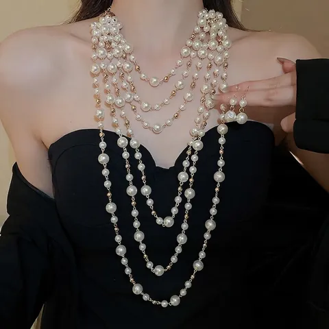 Multi Layer Faux Artificial Pearl Necklace And Earrings Gold Alloy Vintage Elegant French Style Jewelry For Women